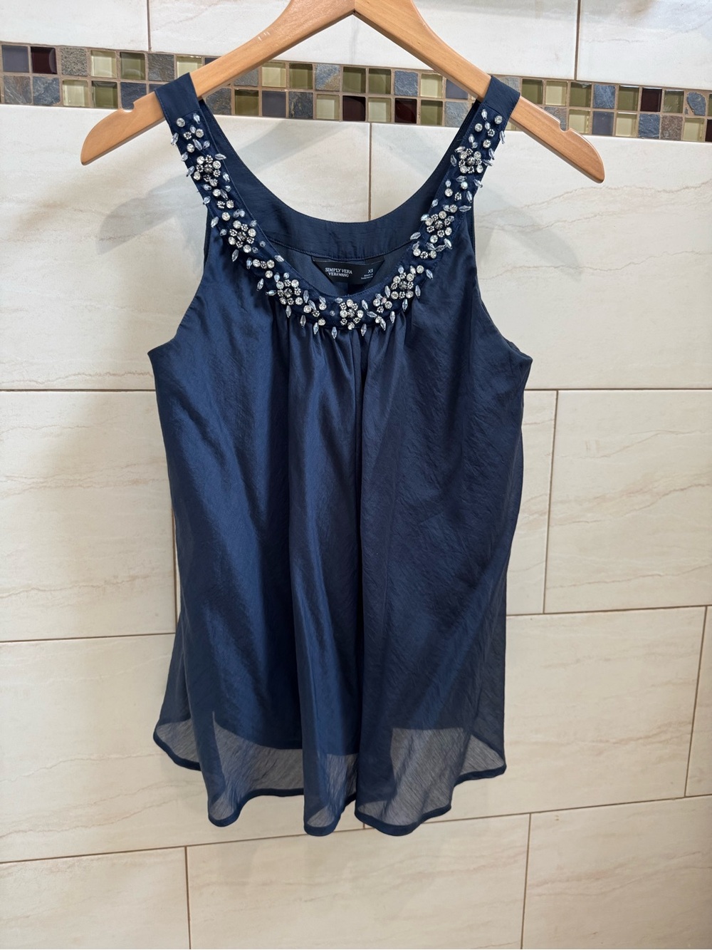 Simply Vera Vera Wang Navy Beaded Chiffon Tank